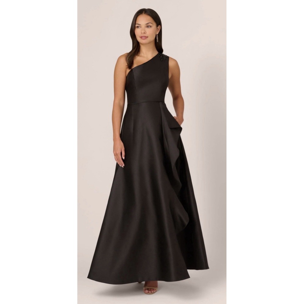 Adrianna Papell Black Mikado Embellished One-Shoulder Ruffle Gown Size 10